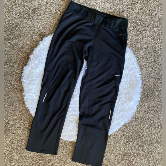 Nike Dri Fit Running Pants Fleece Lined Black Drawstring Waist Womens Medium - Picture 1 of 12
